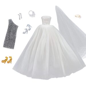 Fashion doll sized wedding dress with veil, shoes and accessories along side a silver grey dress with funky shoes. Including a real-life ring for a little girl