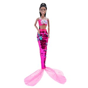 Dark skin fashion doll, dressed in bright pink tank top and shiny mermaid tail.